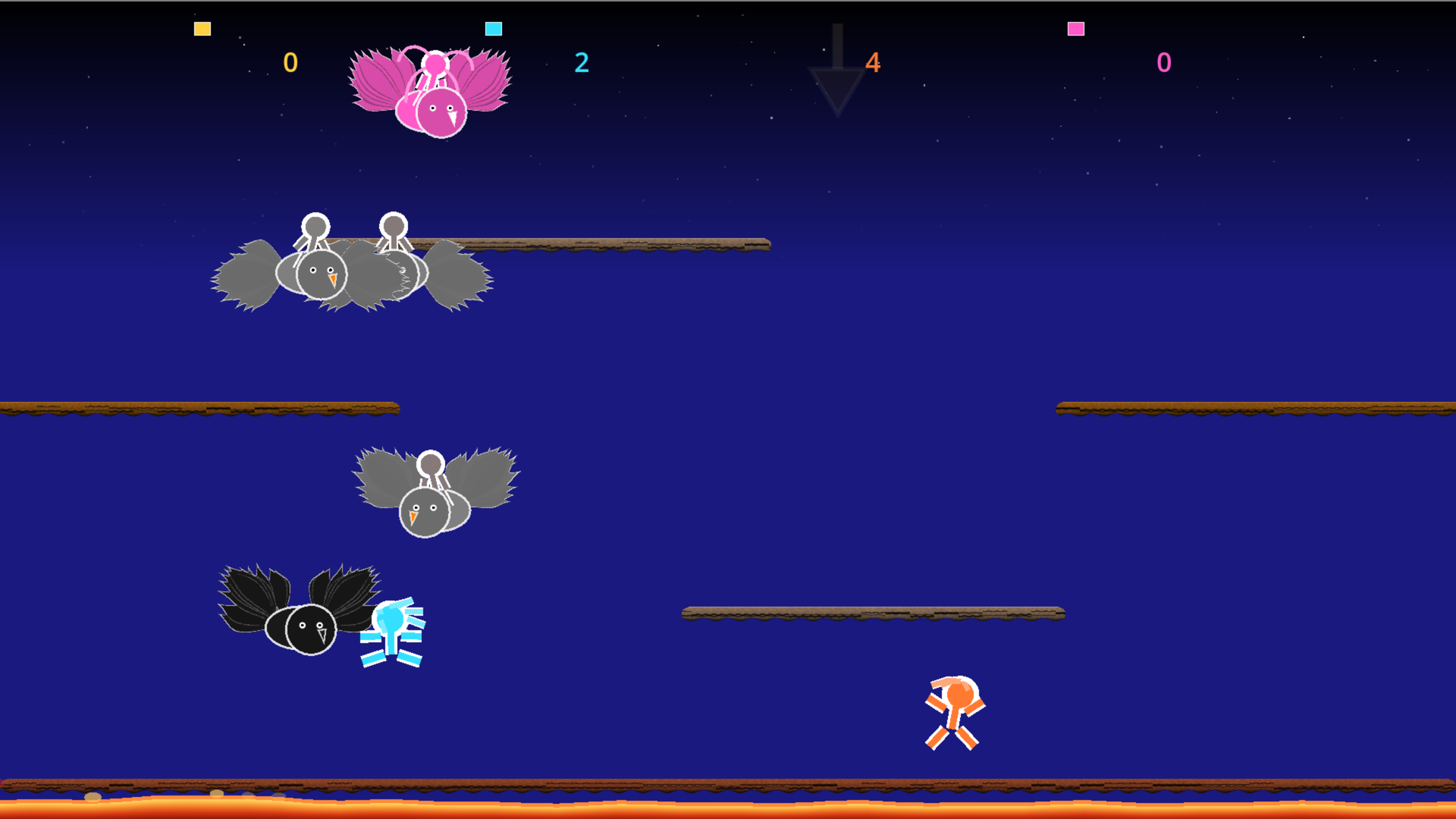 Joustine gameplay: four players jousting over lava