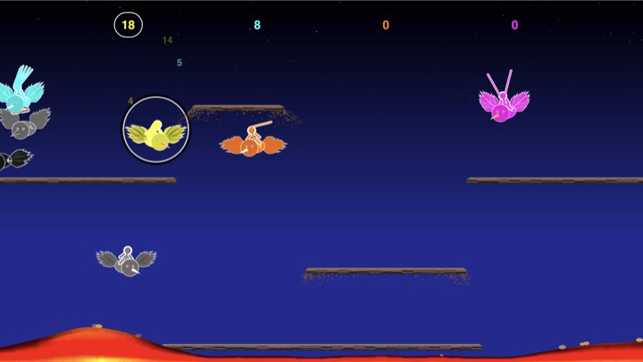 A twelve-player game with the yellow player's bird circled in black and white, and the yellow score at the top of the screen circled to match.