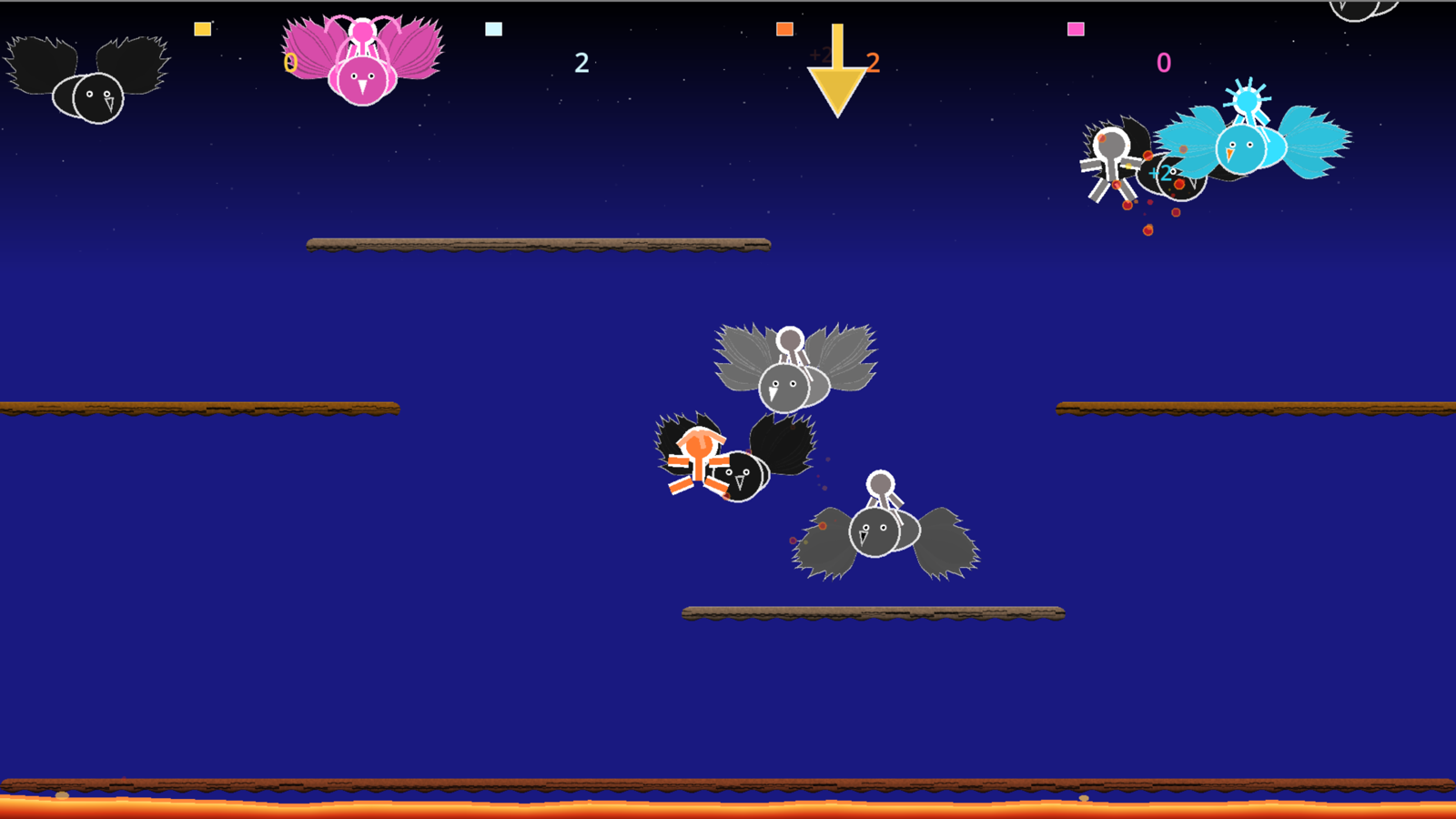Joustine gameplay on Windows: four players jousting over lava