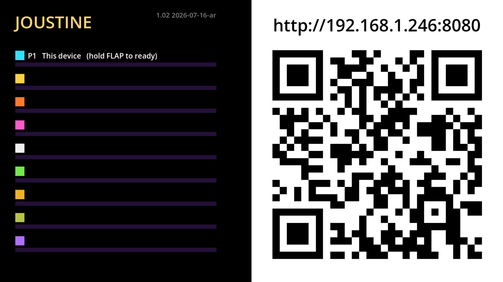 Joustine lobby on Windows: a QR code players scan to join
